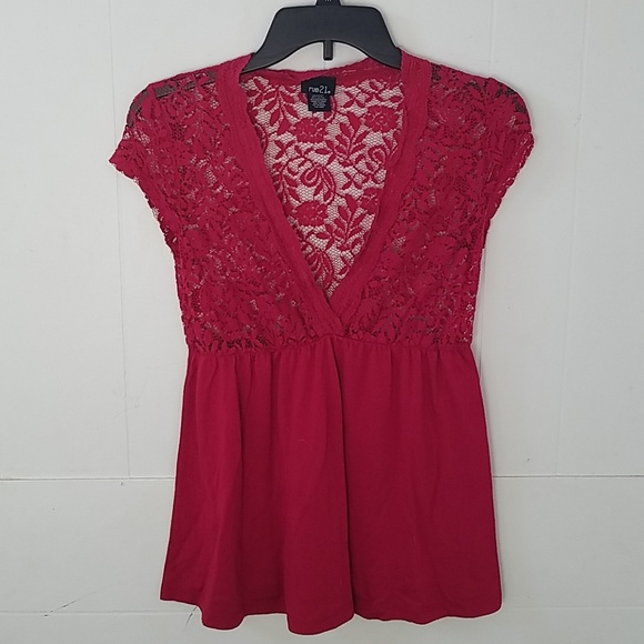 Red Lace V-Neck Babydoll Top - Sheer bust flowy blouse - Size small - Picture 5 of 8